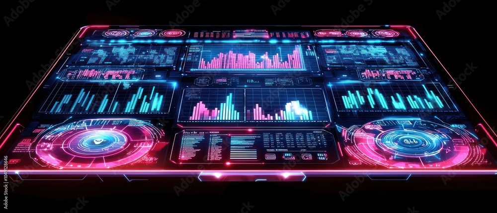 Poster futuristic technology interface with glowing neon lights and data displays
