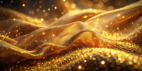Golden waves of fabric glimmer under soft lighting, creating a sense of luxury and opulence. Tiny, sparkling lights appear suspended in the air, enhancing the shimmering effect with copy space.AI gene