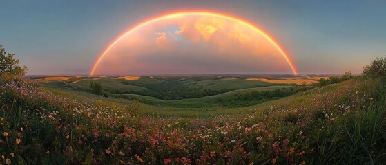 Obraz premium Rainbow Arcing Over a Field of Wildflowers at Sunset