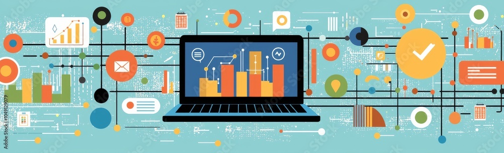 Poster an image showing a laptop computer on a desk with content marketing concepts