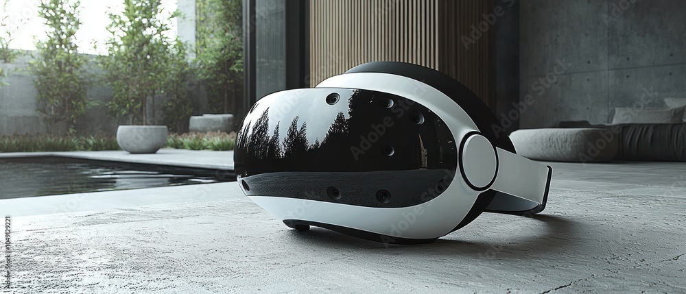 Aufkleber modern vr headset lying on a concrete floor with a blurred pool and greenery in the background