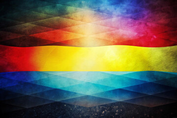 Vibrant spectrum of colors flows across the image, creating a dynamic, layered effect with geometric patterns.Overlapping shades range from deep reds and yellows to blues and purples,copy space.AI gen