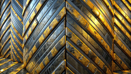 Angular metal strips form a chevron pattern, mixing rich blue and gold tones.Light reflects off metallic surfaces,enhancing the geometric design and creating a sense of depth with the copy space. AI 