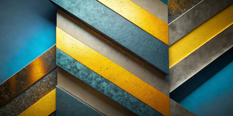 Vibrant diagonal stripes of blue, yellow and metallic tones create a geometric pattern with concrete texture.Interplay of light and shadow adds depth and dimension to the pattern with copy space. AI 