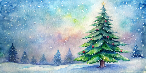Tall Christmas tree adorned with red ornaments stands prominently against a snowy backdrop,with smaller trees fading into the distance.Snowflakes gently fall from colorful sky with the copy space. AI 