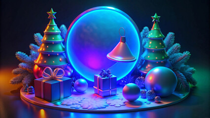 Whimsical holiday scene features glowing Christmas trees decorated with lights, surrounded by wrapped presents and ornaments.Central circular frame and color palette create a festive copy space. AI ge