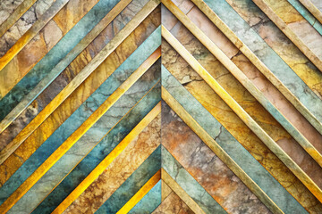 Diagonal lines in shades of green, yellow and brown converge in the middle, forming a symmetrical geometric pattern. The design has a textured look, layered and weathered with copy space. AI generated