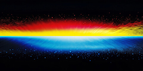 Vibrant colors curve horizontally, smoothly transitioning from deep reds and yellows at the top to cool blues at the bottom. The lower part has small white dots scattered with copy space. AI generated