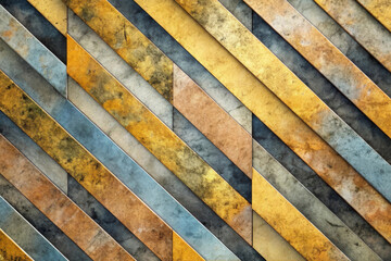 Diagonal, multicolor panels in shades of blue, yellow, and brown create a geometric pattern. The overlapping and varied tones give a sense of depth and complexity with copy space. AI generated.