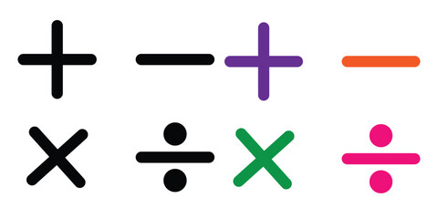 Plus minus and other calculator icons. Mathematical symbols. Plus and minus or Addition, subtraction, division, multiplication, equal, percent icon. Vector illustration.