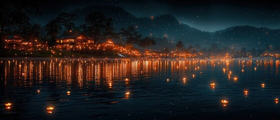 Obraz premium Floating Lanterns Illuminate a Nighttime River Scene with a Distant Mountain Range