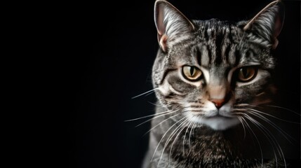 Obraz premium A detailed portrait of a shorthair cat, showing its expressive eyes and fur, with ample copy space in the background for text or design.