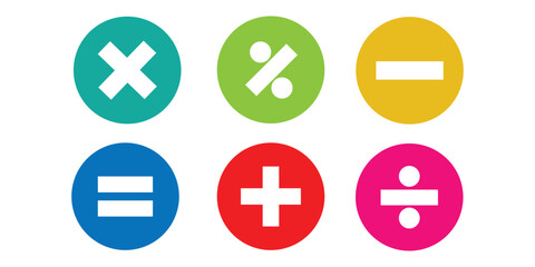 Mathematical symbol icon with circle. Set of math symbols icons. Addition, subtraction, division, equal, multiplication, percent symbols or icons.

