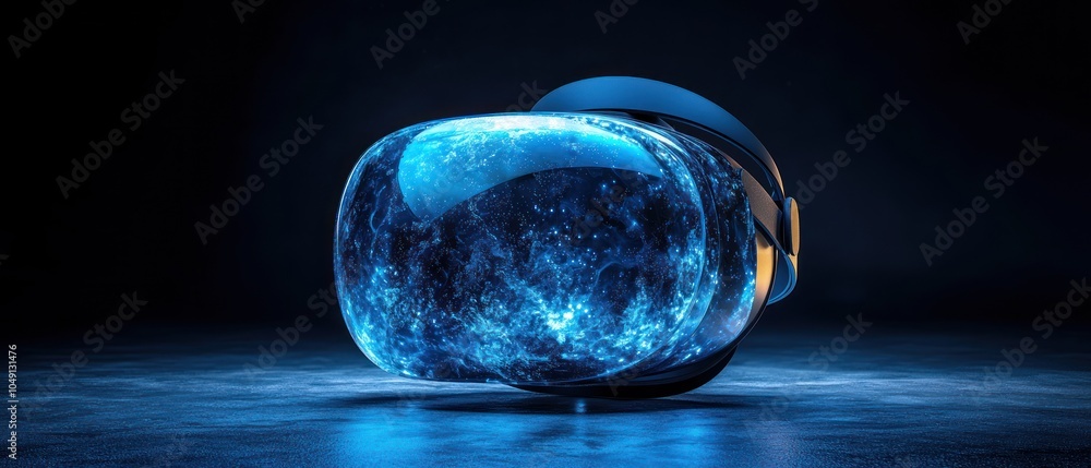 Poster Futuristic Virtual Reality Headset with Glowing Blue Lights and Abstract Design