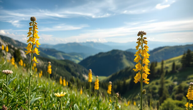 Balkan Mountain Yellow wildflowers Hungarian mullein, Kazanlak valley landscape views isolated with white highlights, png