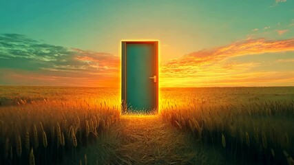 glowing door in wheat field at sunset, surreal landscape. inspiration and fantasy concept