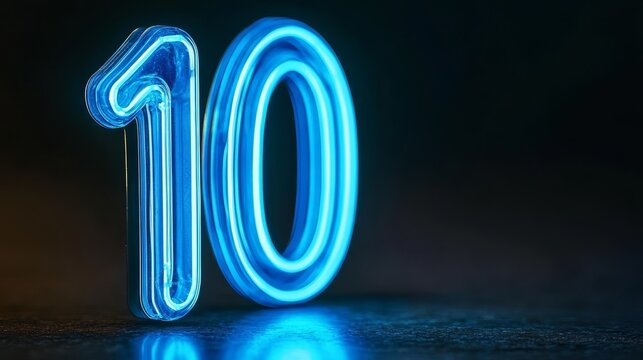 Number 10, Blue Neon Light, Dark Background. Numeral Ten Birthday, Night Club, Countdown, Sale.