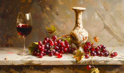 Still life of rustic and classic elegance; marble surface with a traditional ceramic vase, a bunch of red grapes and a glass of red wine; pictorial textured background.