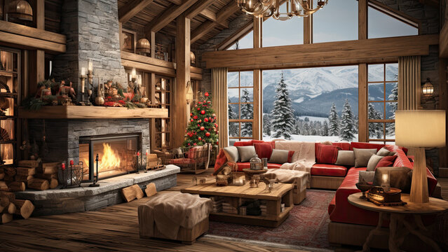 Interior of rustic cabin lodge room background decorated for Christmas holiday and fireplace. Window of snowy trees and mountains. Teams backdrop virtual online presentation remote video call meeting.