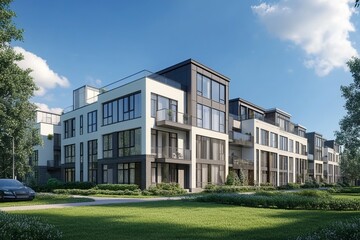 Fototapeta premium New modern block of flats in green area. residential apartment with flat buildings exterior. luxury house complex. Part of City Real estate property, condo architecture.generative ai