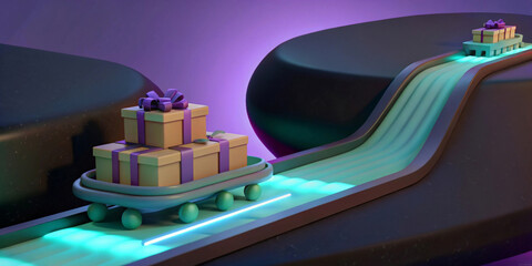Gift boxes tied with purple ribbons travel along a glowing conveyor belt, adding a futuristic touch to the scene. The ambient lighting enhances the smooth, modern design of the setting.AI generated