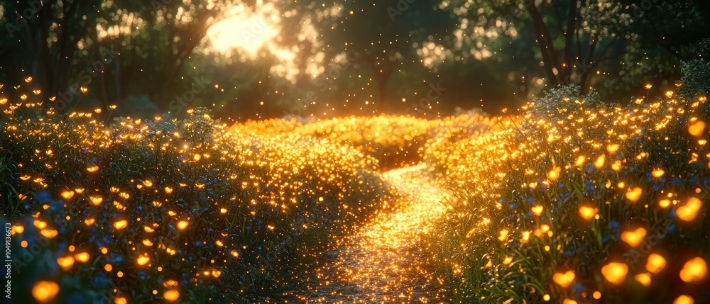 Poster A Path Through a Field of Glowing Flowers at Sunset