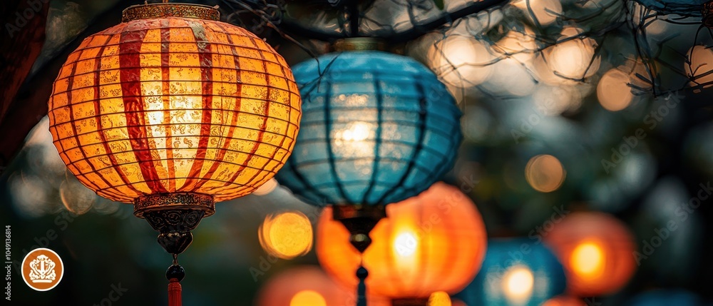 Poster illuminated paper lanterns hanging from a tree branch