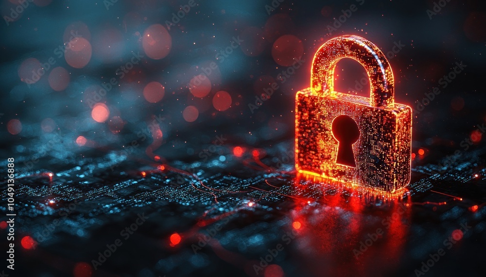 Poster glowing digital lock on a circuit board background