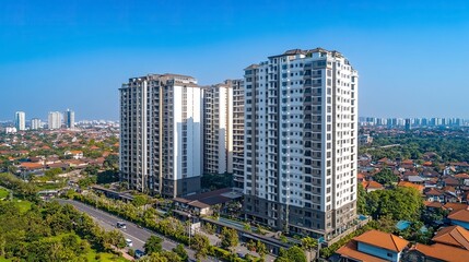 Naklejka premium Surabaya, Indonesia - September 04 2024 : High-rise apartments line the expansive cityscape on a sunny day, showcasing modern architecture amidst clear blue skies and green surroundings. generative ai
