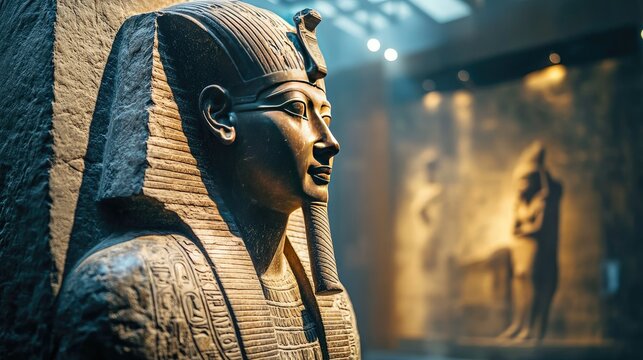 A side view of a stone relief of an Egyptian pharaoh with traditional headdress, proudly displayed in a museum under soft spotlighting.