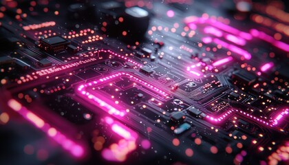 Obraz premium A Close-Up of a Circuit Board with Glowing Pink Lines