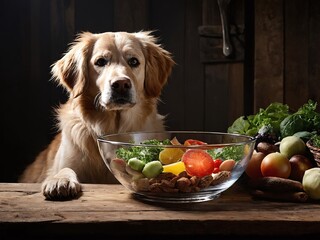 Golden retriever curiously watches a bowl of fresh vegetables and fruits on a rustic wooden table in a dimly lit room