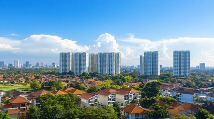 Naklejka premium Surabaya, Indonesia - September 04 2024 : High-rise apartments line the expansive cityscape on a sunny day, showcasing modern architecture amidst clear blue skies and green surroundings. generative ai