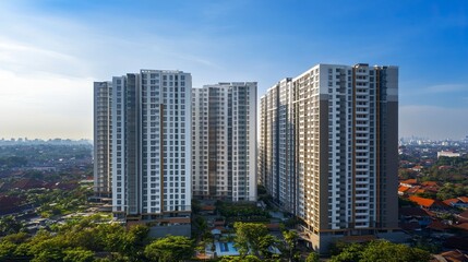 Fototapeta premium Surabaya, Indonesia - September 04 2024 : High-rise apartments line the expansive cityscape on a sunny day, showcasing modern architecture amidst clear blue skies and green surroundings. generative ai