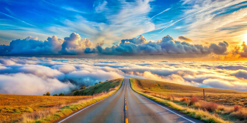 A road leads to a spectacular landscape, with fluffy clouds hovering above the horizon and a vibrant sunset lighting up the sky. Lush green grass covers the surrounding hills. AI generated.