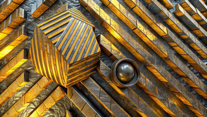 A geometric pattern features metallic gold and silver tones with a striking cube and sphere design. The layered arrangement creates a sense of depth and complexity.AI generated.