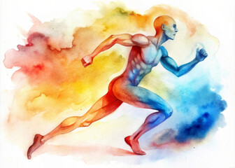 A muscular human form is depicted in a dynamic running pose, transitioning from warm reds and yellows to cool blues through a vibrant spectrum of colors in a watercolor style. AI generated.