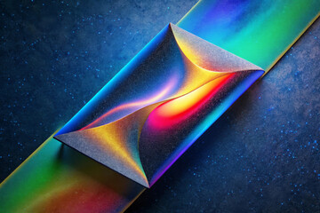 A vibrant geometric shape twists along a colorful band, set against a dark, star-speckled background. The interplay of light and shade creates a dynamic, three-dimensional effect. AI generated.