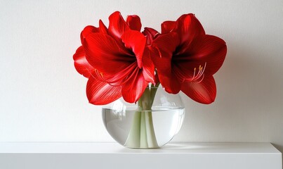 A vase of red flowers sits on a white shelf © TheoTheWizard