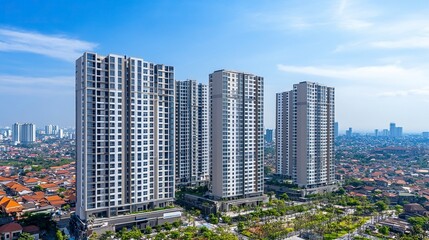 Obraz premium Surabaya, Indonesia - September 04 2024 : High-rise apartments line the expansive cityscape on a sunny day, showcasing modern architecture amidst clear blue skies and green surroundings. generative ai