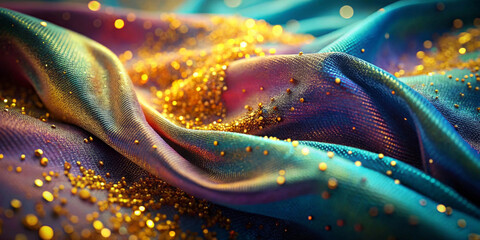 Vibrant waves of fabric shimmer under soft light, adorned with golden sparkles that catch the eye. Rich hues of blue, purple, and gold blend seamlessly, creating a luxurious and captivating scene.AI 