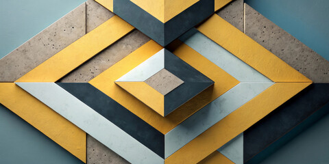 Geometric patterns of blue, yellow and gray create a striking diamond shape. The use of shadows and perspective add depth to the design. Symmetry and balance are blocks and lines. AI generated.