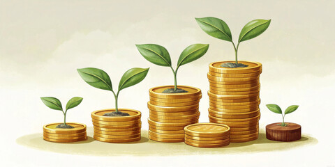 Stacks of coins are topped with growing plants, symbolizing financial growth and investment. The arrangement illustrates progressive increase, with the tallest stack supporting the largest plant.AI ge
