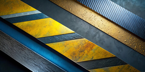 Geometric patterns with diagonal stripes in metallic hues of blue, yellow, and gold create a modern industrial feel. The interplay of textures and colors adds depth and visual interest.AI generated.