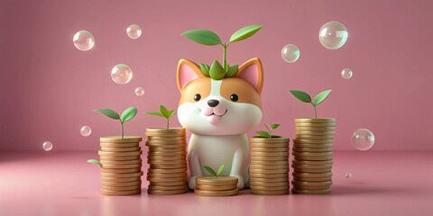 A cute cartoon dog with a plant sprouting from its head is surrounded by stacks of coins, each topped with small plants.Bubbles float in the air against a pink background, adding a whimsical touch.AI 