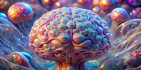 A surreal representation of a brain-like structure dominates the scene with vivid, iridescent colors and organic patterns.Abstract shapes with similar structure and color appear in the background. AI 