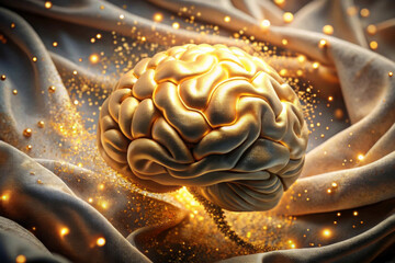 A glowing, golden brain floats surrounded by swirling, golden particles on luxurious fabric. The scene radiates a mystical and sophisticated atmosphere with its warm, ambient light. AI generated.