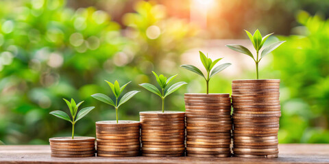 Stacks of coins arranged in ascending order serve as the base for small plants,symbolizing financial growth and investment.The blurred green background enhances the theme of nature and prosperity. AI 