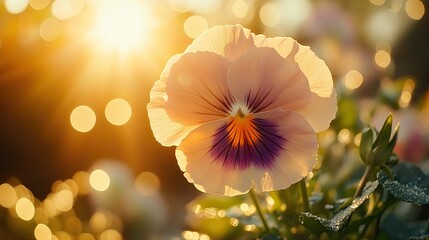 A softly lit pansy flower gently sways in the breeze, with sunlight streaming through petals. The bokeh sparkles in the background like stars.