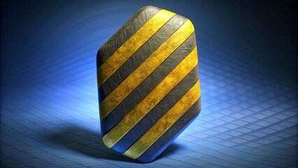 A geometric shape with diagonal yellow and gray stripes stands against a digitally textured background. The lighting casts a subtle shadow, enhancing the 3D effect of the shape.AI generated.